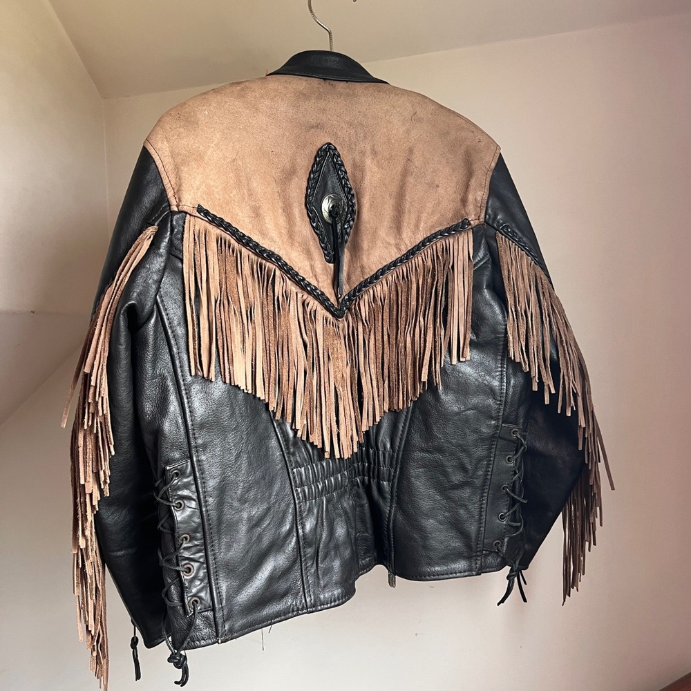 Vintage Leather Fringe Motorcycle Jacket Black Tan Biker‎ Western Braided Lace - Picture 5 of 12